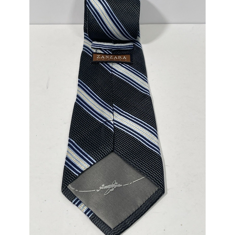 Zanzara Black Blue Striped 100% Silk Handmade Necktie